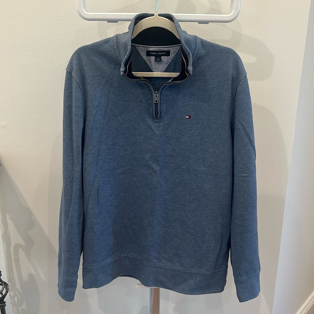 Tommy Hilfiger Flag Logo Quarter-Zip Sweater Bank Blue Medium 100% Cotton